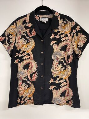 Avanti 100% Silk Black Dragon and Tiger Print Short-Sleeve Shirt